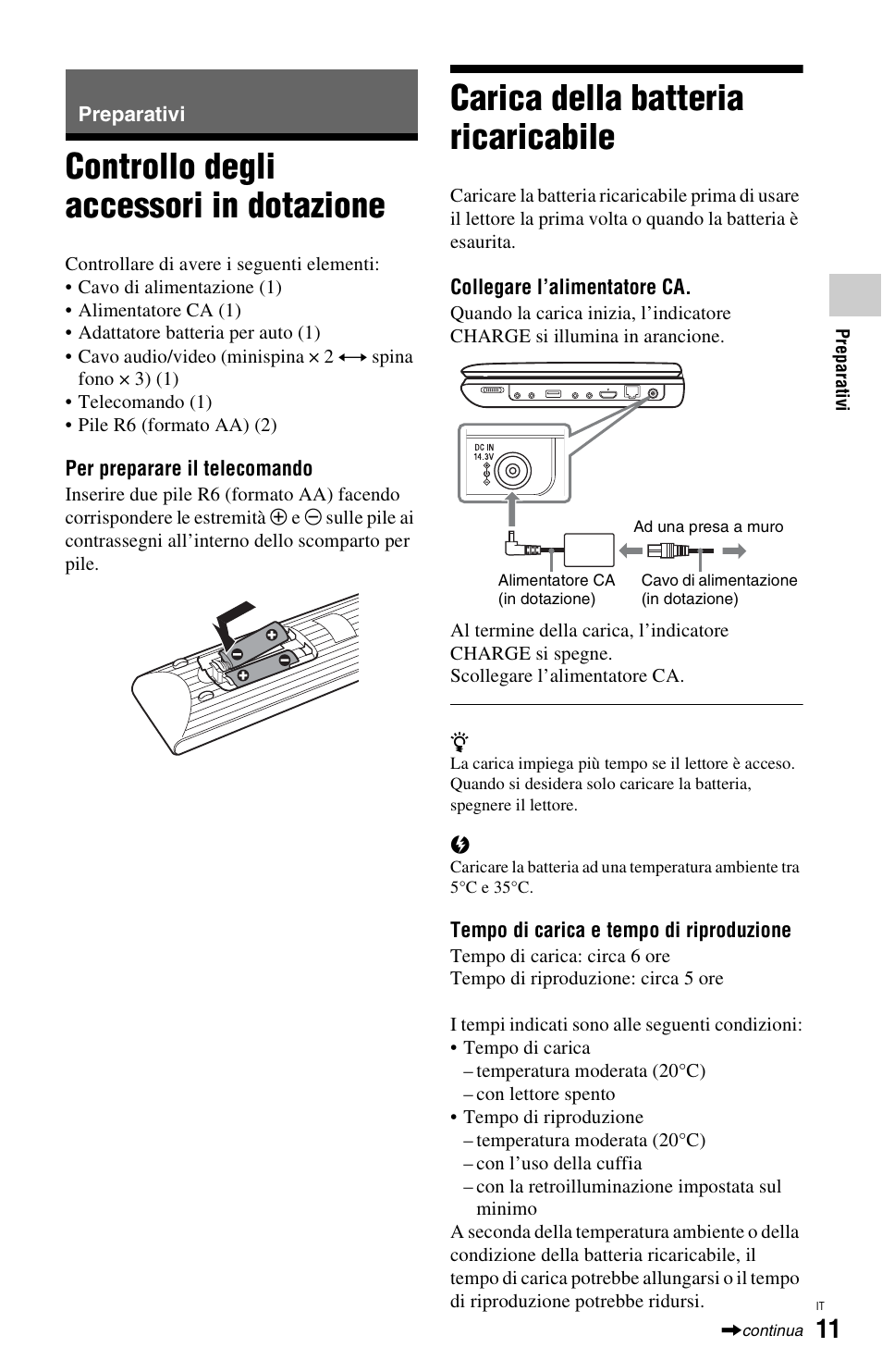 Preparativi, Controllo degli accessori in dotazione, Carica della batteria ricaricabile | Sony BDP-SX1 User Manual | Page 133 / 184