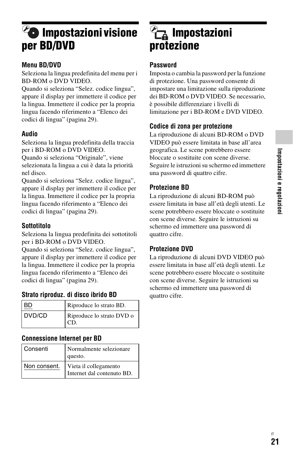 Impostazioni visione per bd/dvd, Impostazioni protezione | Sony BDP-SX1 User Manual | Page 143 / 184