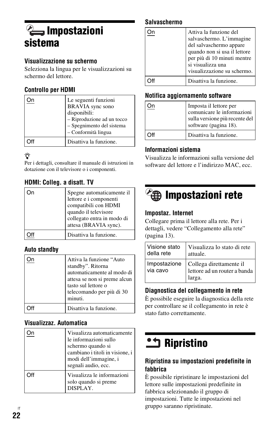 Impostazioni sistema, Impostazioni rete, Ripristino | Impostazioni sistema impostazioni rete ripristino | Sony BDP-SX1 User Manual | Page 144 / 184