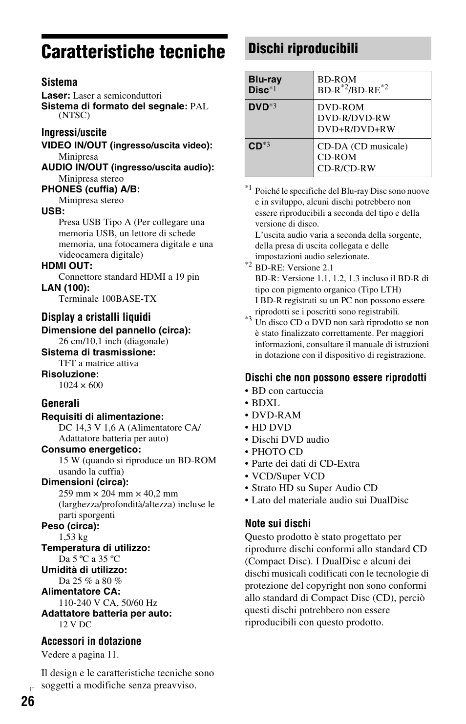 Caratteristiche tecniche, Dischi riproducibili | Sony BDP-SX1 User Manual | Page 148 / 184