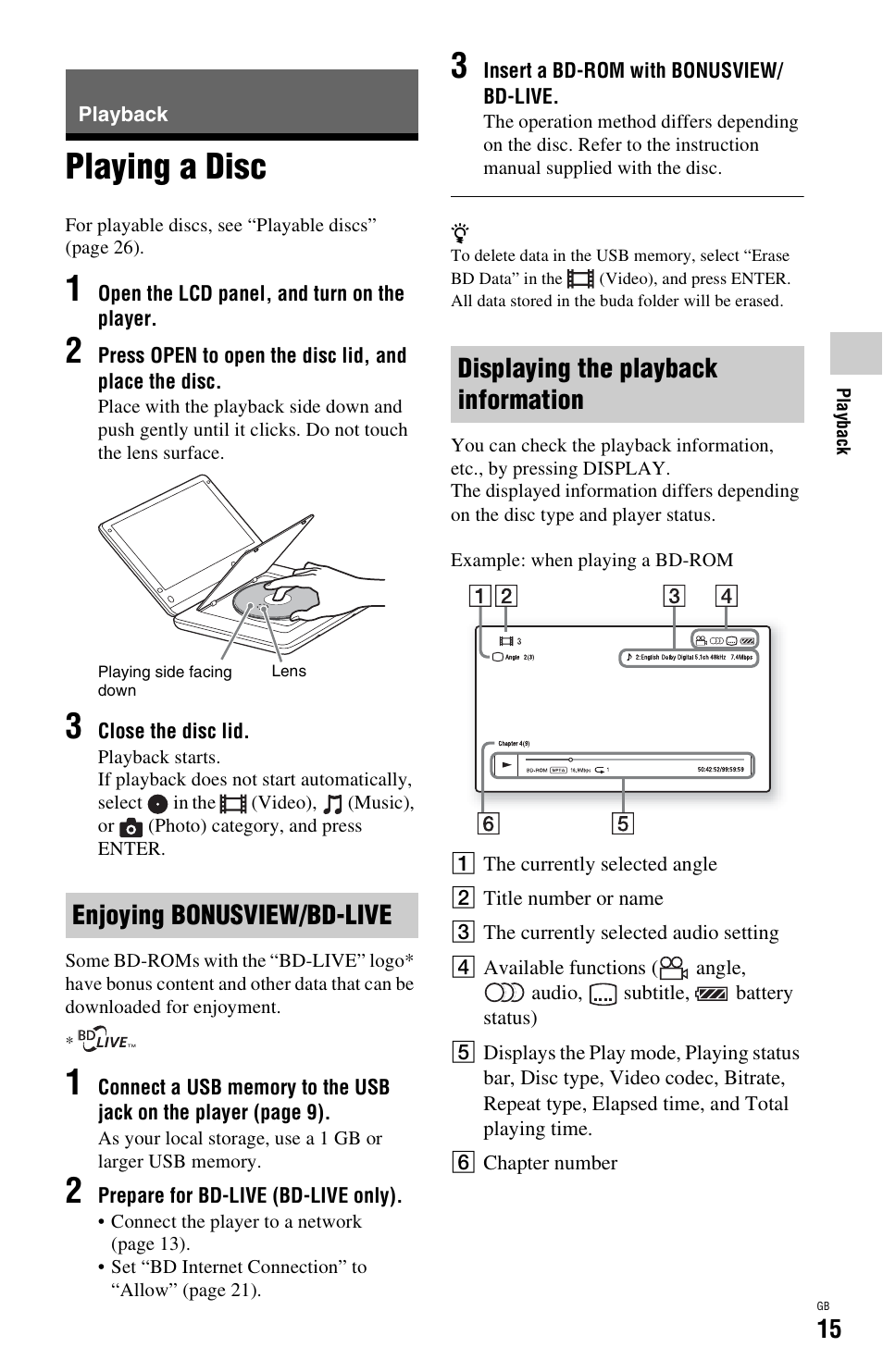 Playback, Playing a disc, Enjoying bonusview/bd-live | Displaying the playback information | Sony BDP-SX1 User Manual | Page 15 / 184
