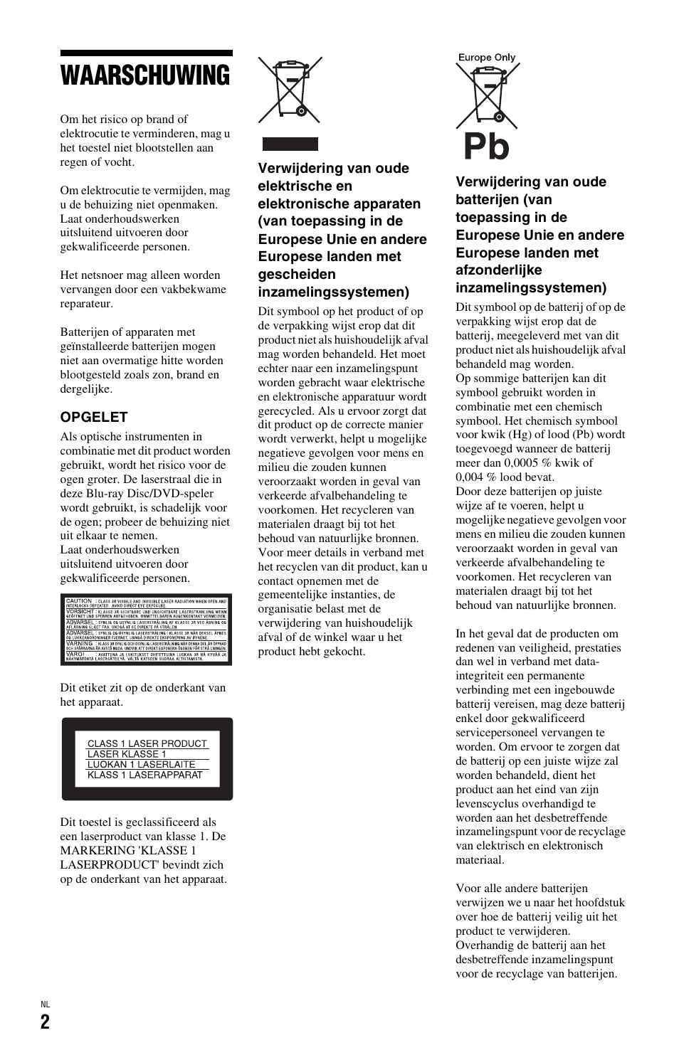 Waarschuwing | Sony BDP-SX1 User Manual | Page 154 / 184