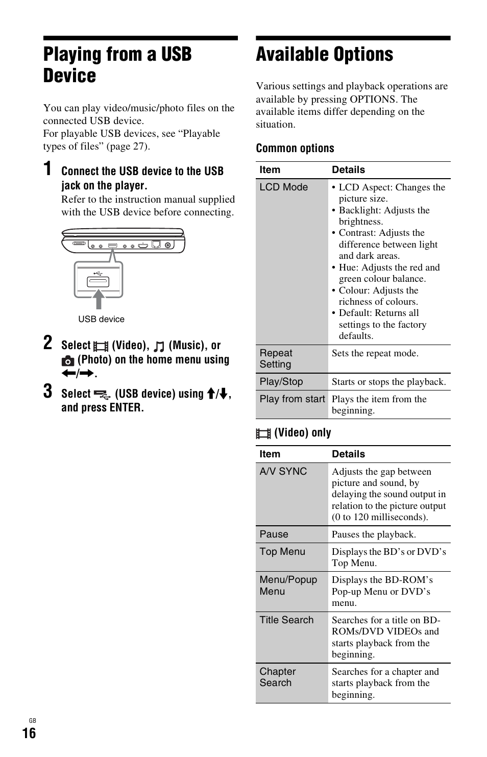 Playing from a usb device, Available options, Playing from a usb device available options | Sony BDP-SX1 User Manual | Page 16 / 184
