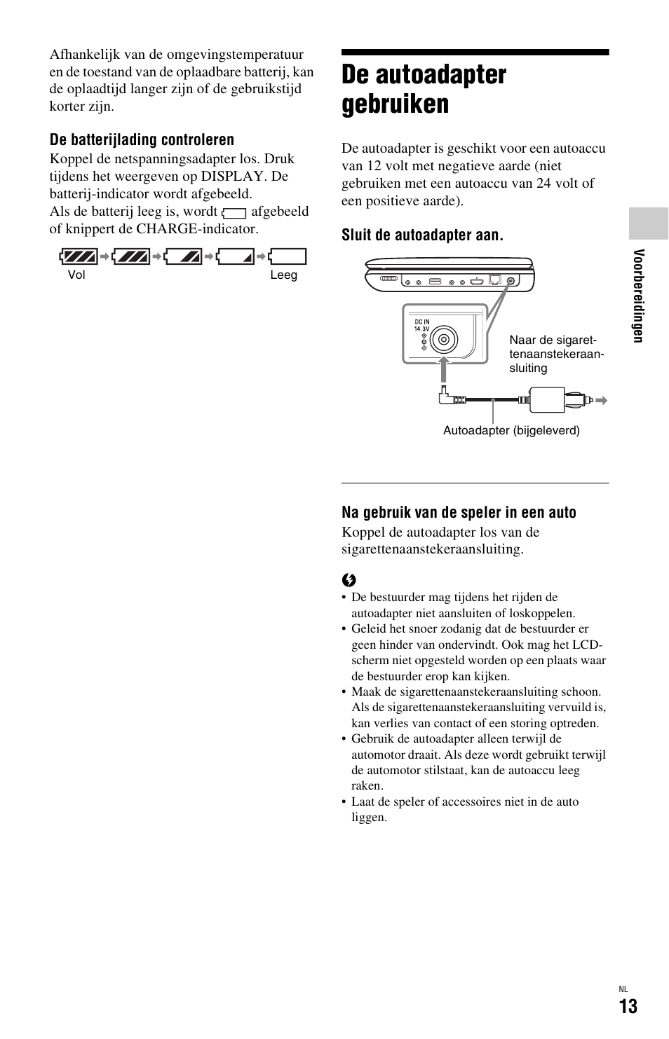 De autoadapter gebruiken | Sony BDP-SX1 User Manual | Page 165 / 184