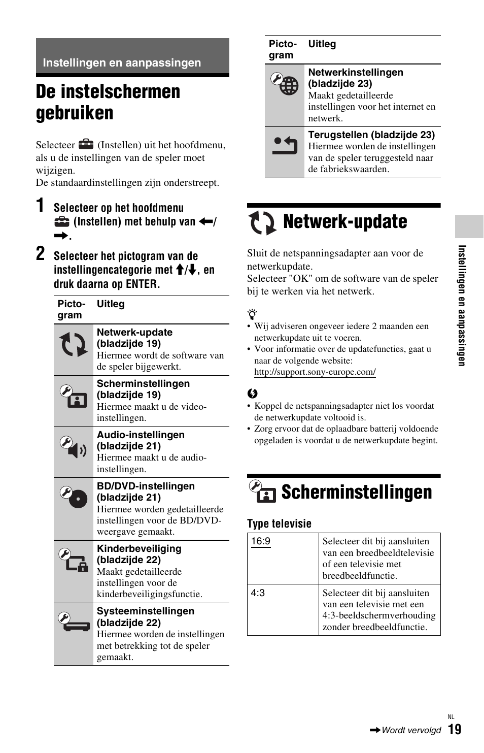 Instellingen en aanpassingen, De instelschermen gebruiken, Netwerk-update | Scherminstellingen | Sony BDP-SX1 User Manual | Page 171 / 184