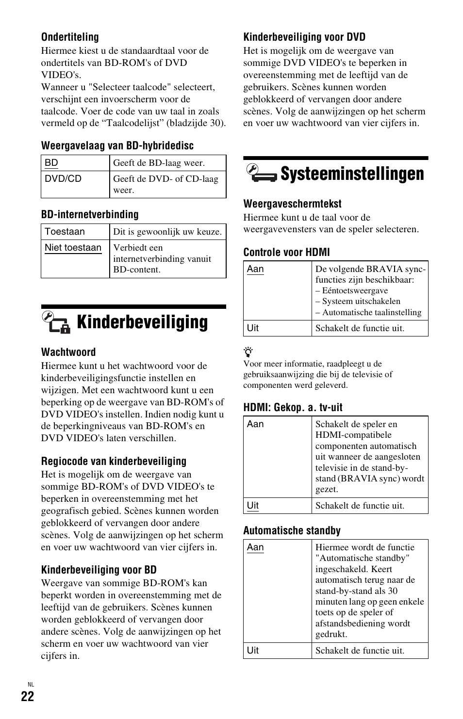 Kinderbeveiliging, Systeeminstellingen, Kinderbeveiliging systeeminstellingen | Bladzijde 22) | Sony BDP-SX1 User Manual | Page 174 / 184
