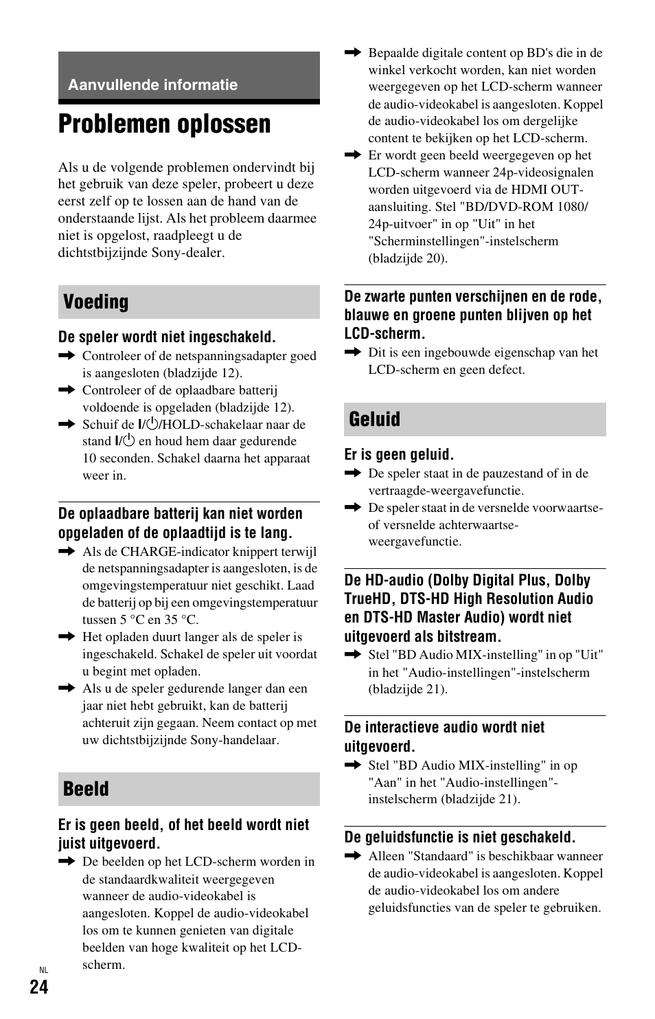 Aanvullende informatie, Problemen oplossen, Voeding beeld geluid | Sony BDP-SX1 User Manual | Page 176 / 184