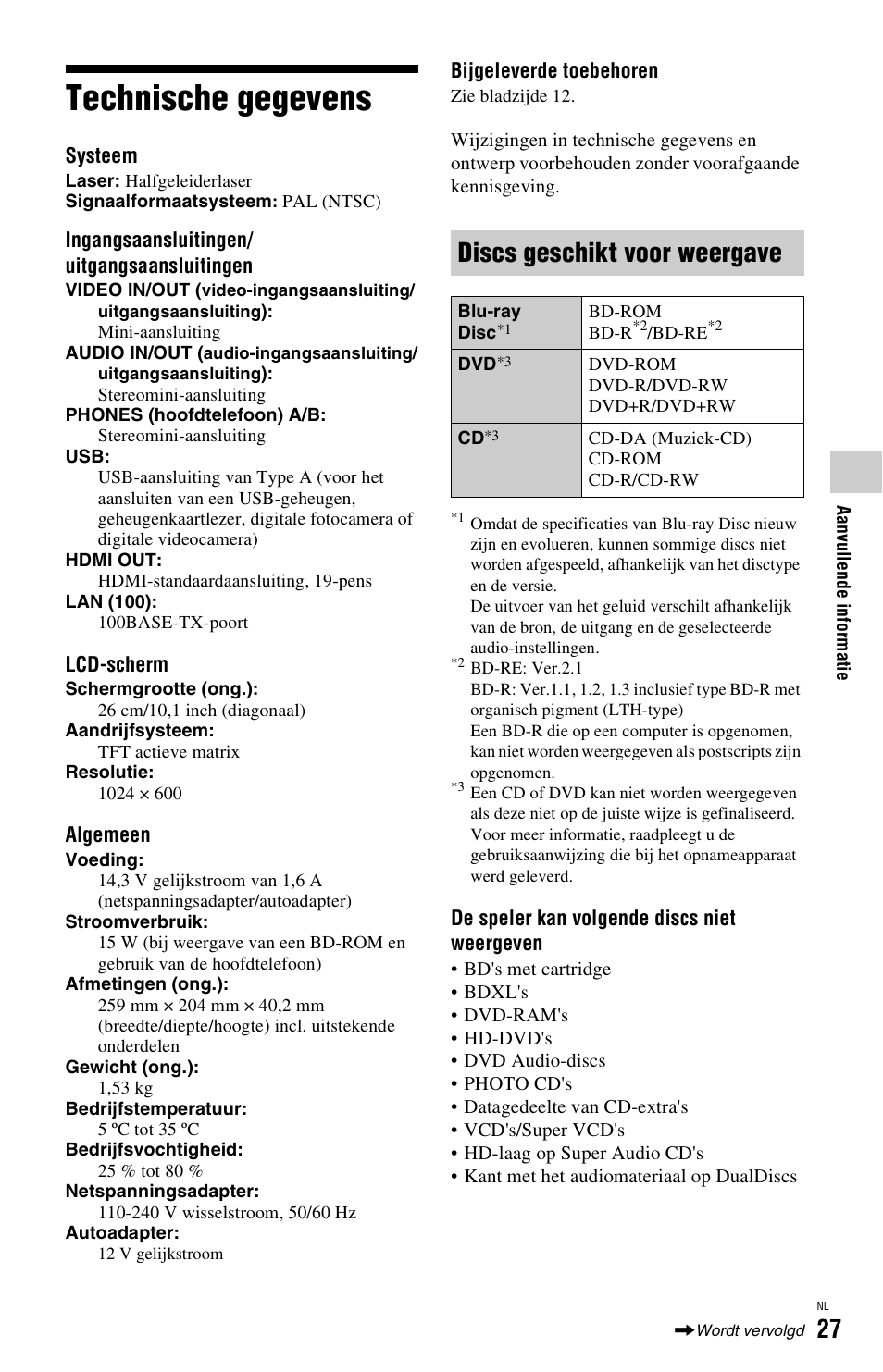 Technische gegevens, Discs geschikt voor weergave” (bladzijde 27), Bladzijde 27) | Discs geschikt voor weergave | Sony BDP-SX1 User Manual | Page 179 / 184