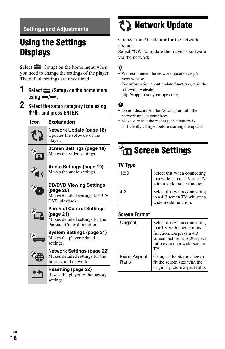 Settings and adjustments, Using the settings displays, Network update | Screen settings | Sony BDP-SX1 User Manual | Page 18 / 184