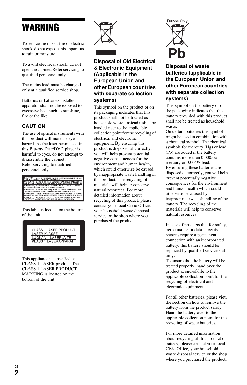 Warning | Sony BDP-SX1 User Manual | Page 2 / 184