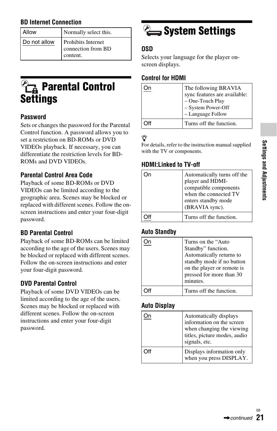 Parental control settings, System settings, Parental control settings system settings | Sony BDP-SX1 User Manual | Page 21 / 184