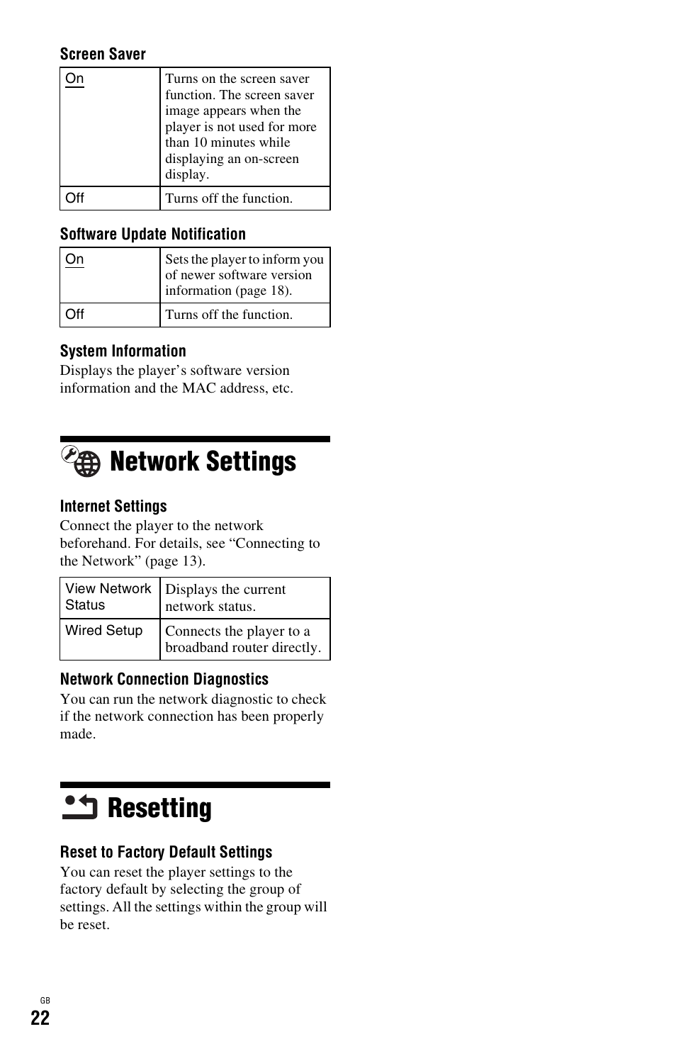 Network settings, Resetting, Network settings resetting | Sony BDP-SX1 User Manual | Page 22 / 184