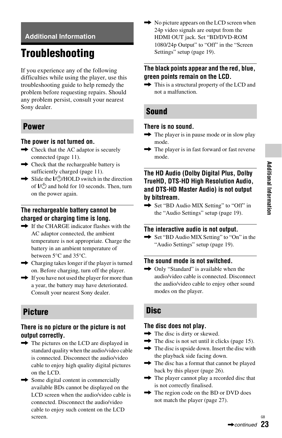 Additional information, Troubleshooting, Power picture sound disc | Sony BDP-SX1 User Manual | Page 23 / 184