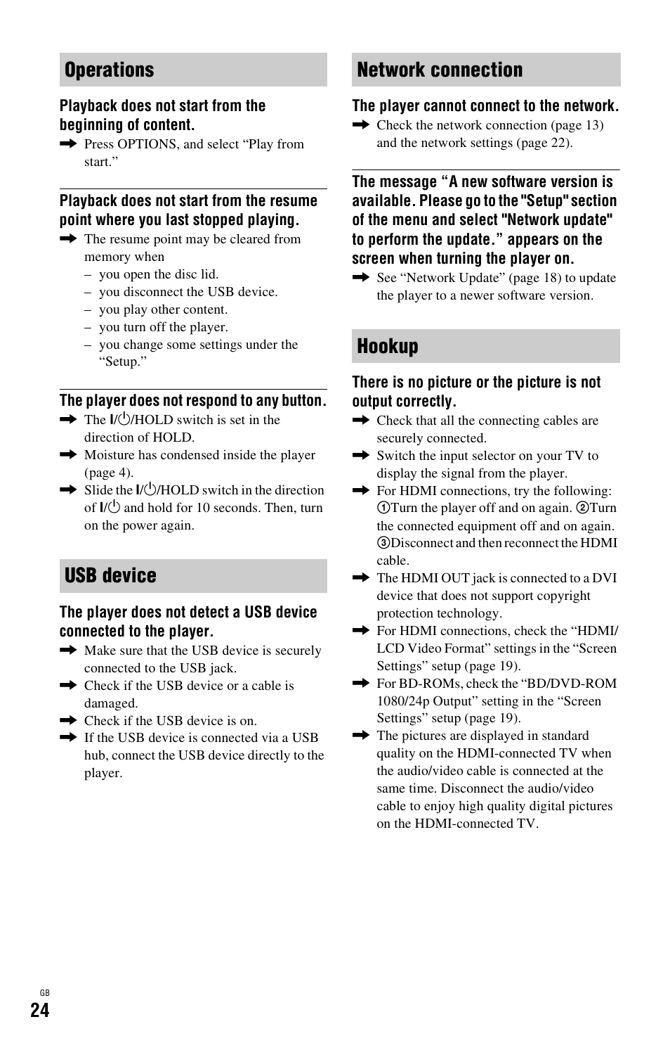 Operations usb device network connection hookup | Sony BDP-SX1 User Manual | Page 24 / 184