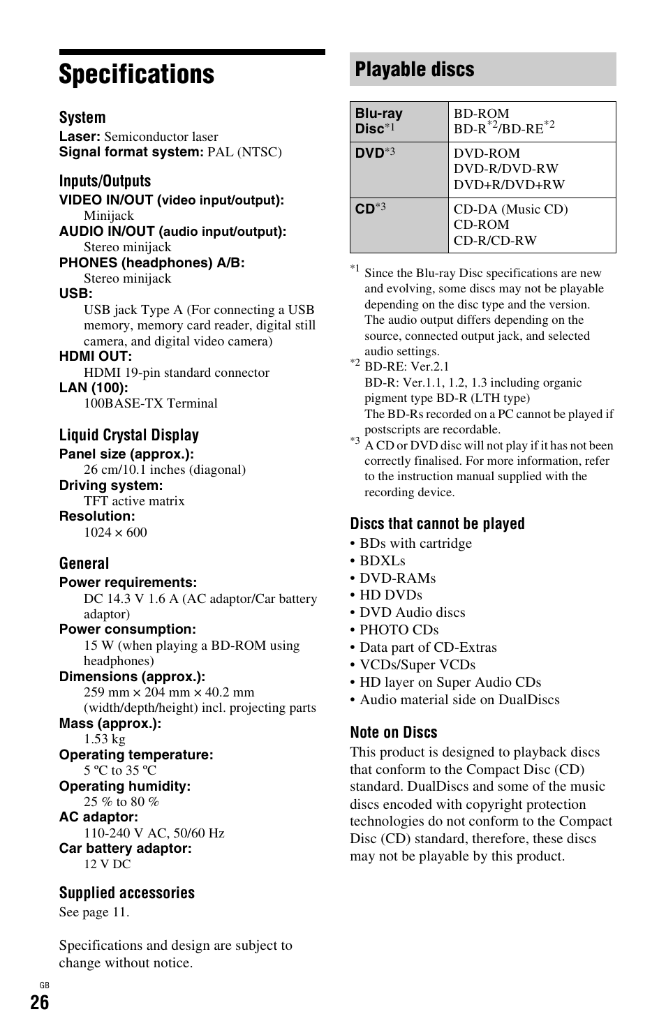 Specifications, Playable discs | Sony BDP-SX1 User Manual | Page 26 / 184