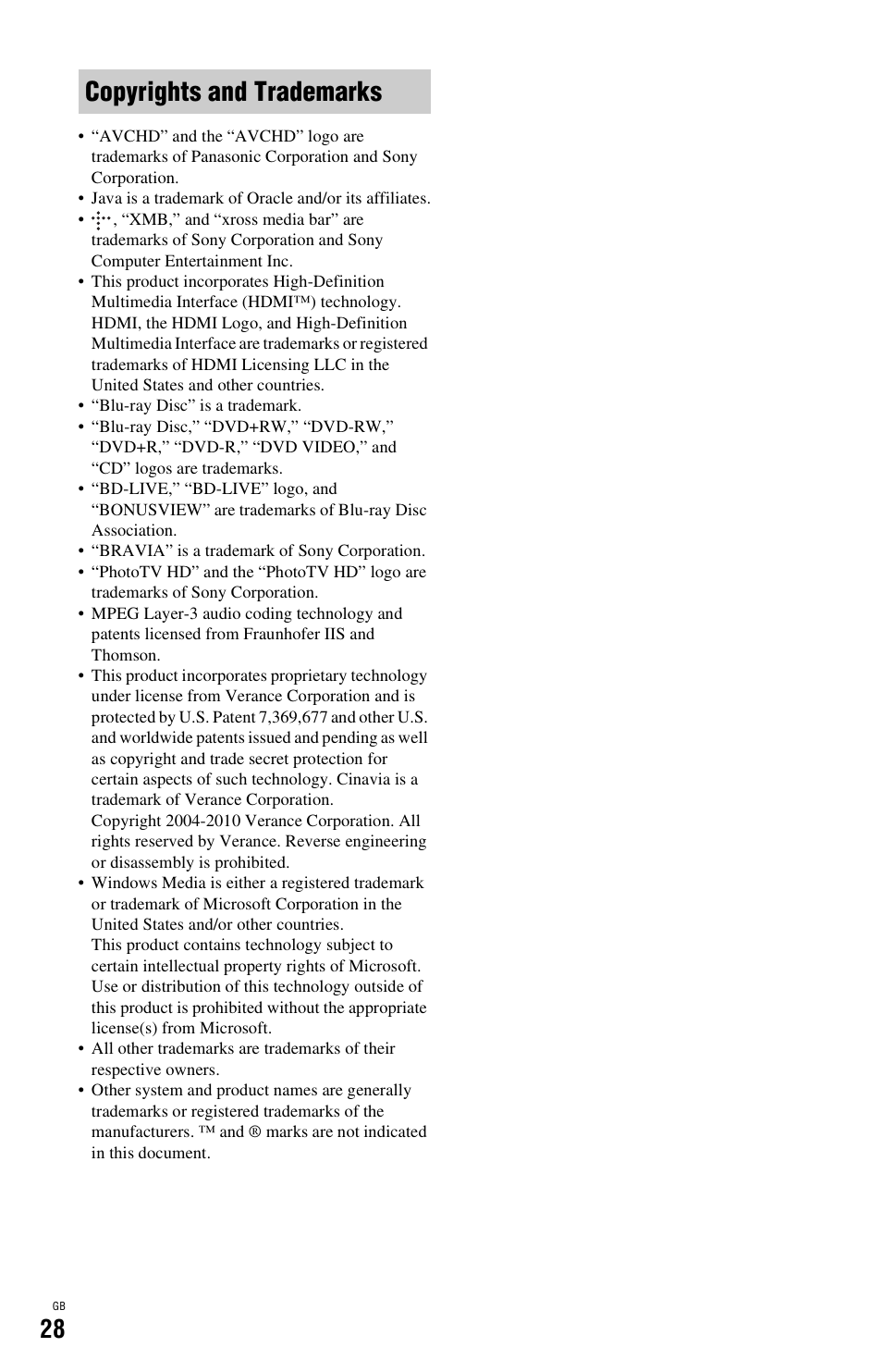 Copyrights and trademarks | Sony BDP-SX1 User Manual | Page 28 / 184