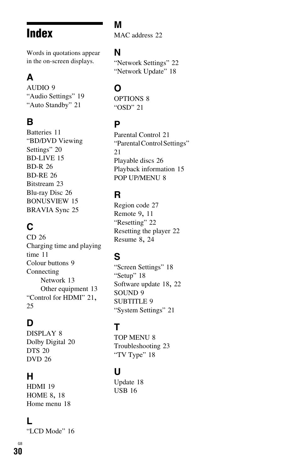Index | Sony BDP-SX1 User Manual | Page 30 / 184
