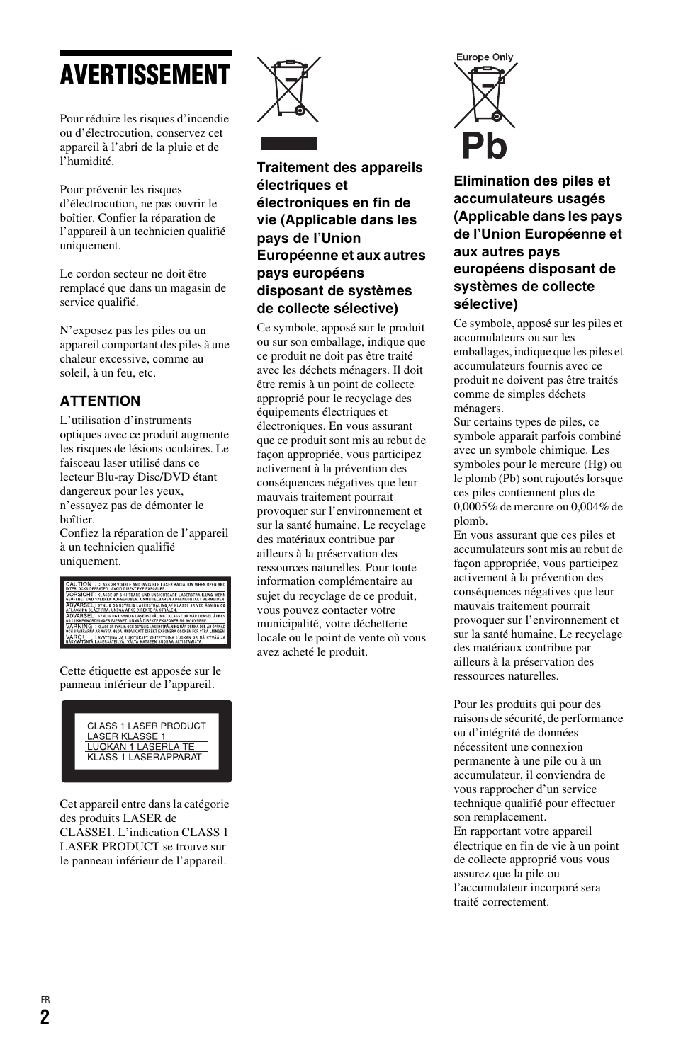 Avertissement | Sony BDP-SX1 User Manual | Page 32 / 184
