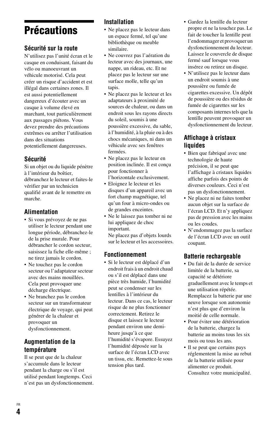 Précautions | Sony BDP-SX1 User Manual | Page 34 / 184