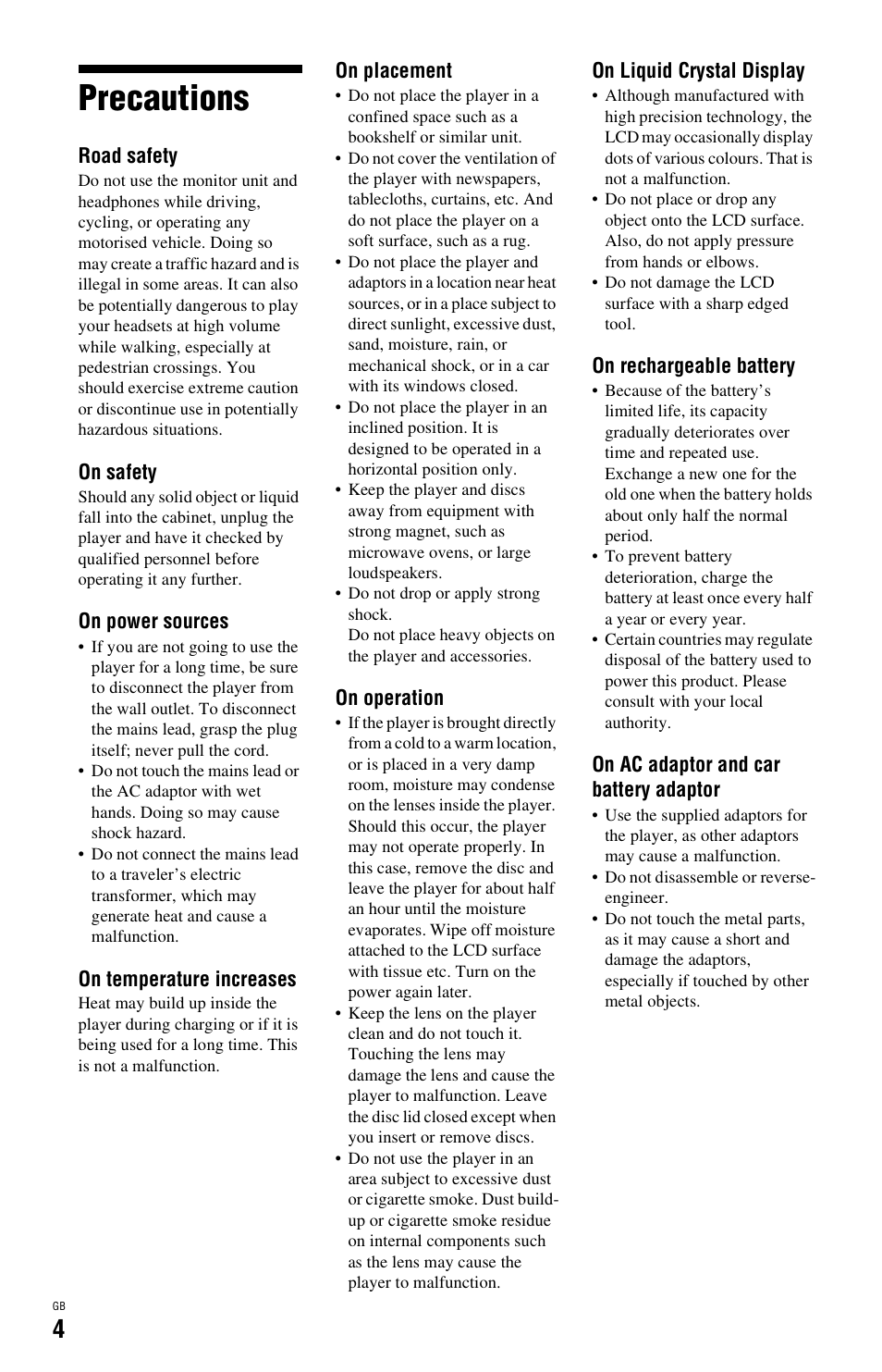 Precautions | Sony BDP-SX1 User Manual | Page 4 / 184