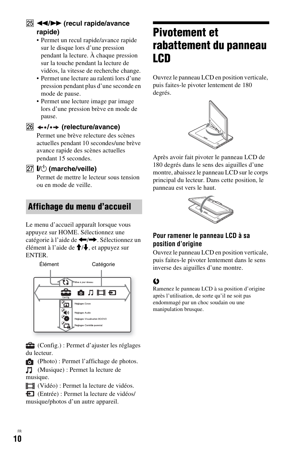 Pivotement et rabattement du panneau lcd, Affichage du menu d’accueil | Sony BDP-SX1 User Manual | Page 40 / 184