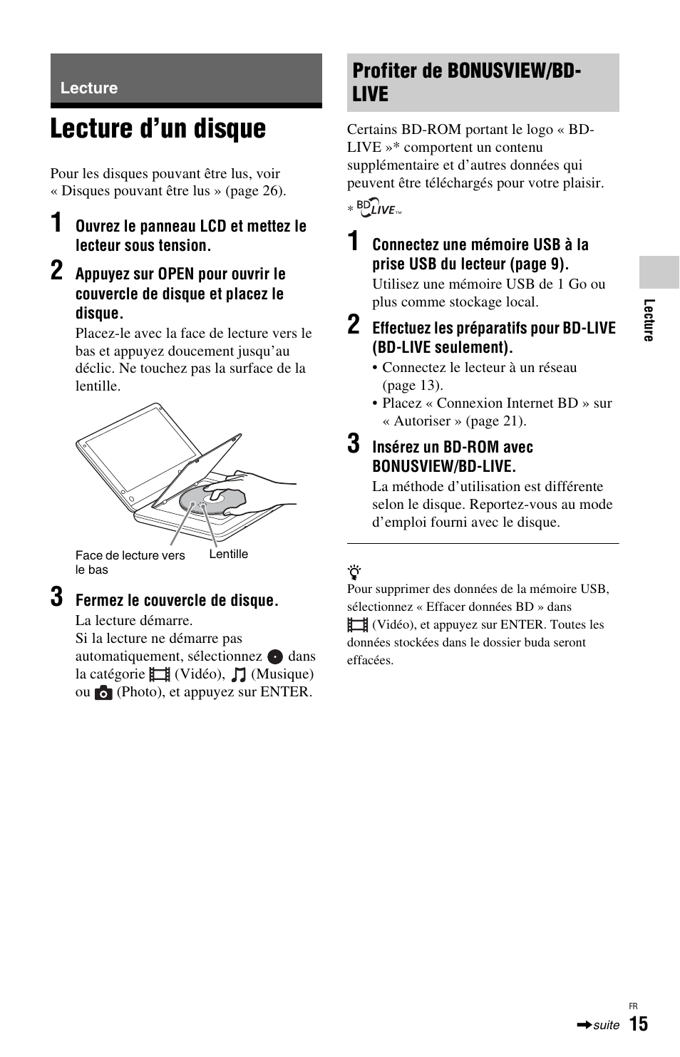 Lecture, Lecture d’un disque, Profiter de bonusview/bd- live | Sony BDP-SX1 User Manual | Page 45 / 184