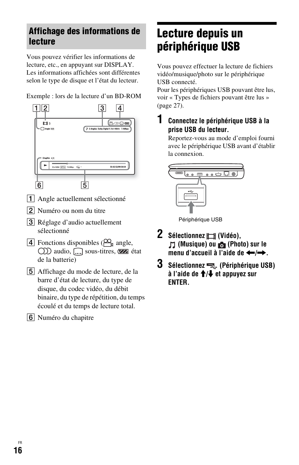 Lecture depuis un périphérique usb, Affichage des informations de lecture | Sony BDP-SX1 User Manual | Page 46 / 184