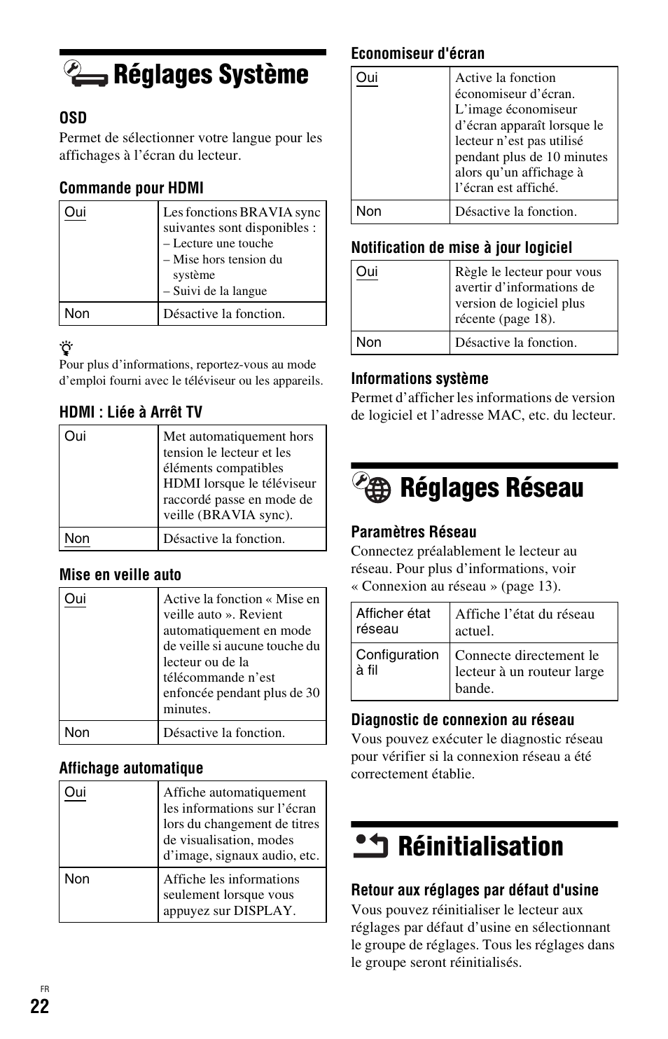 Réglages système, Réglages réseau, Réinitialisation | Réglages système réglages réseau réinitialisation | Sony BDP-SX1 User Manual | Page 52 / 184