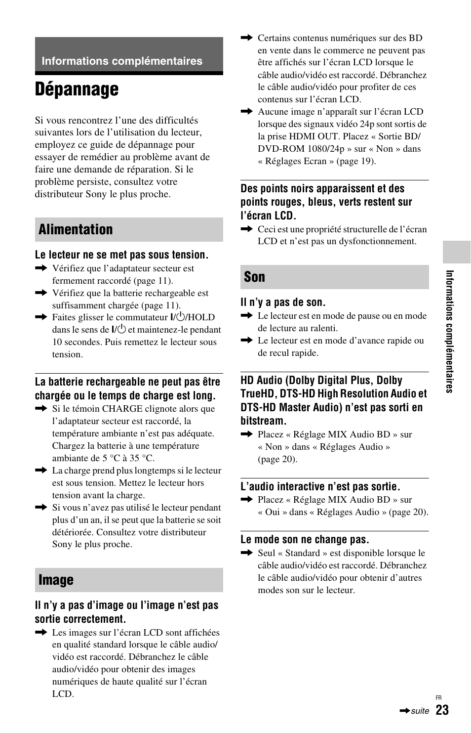 Informations complémentaires, Dépannage, Alimentation image son | Sony BDP-SX1 User Manual | Page 53 / 184