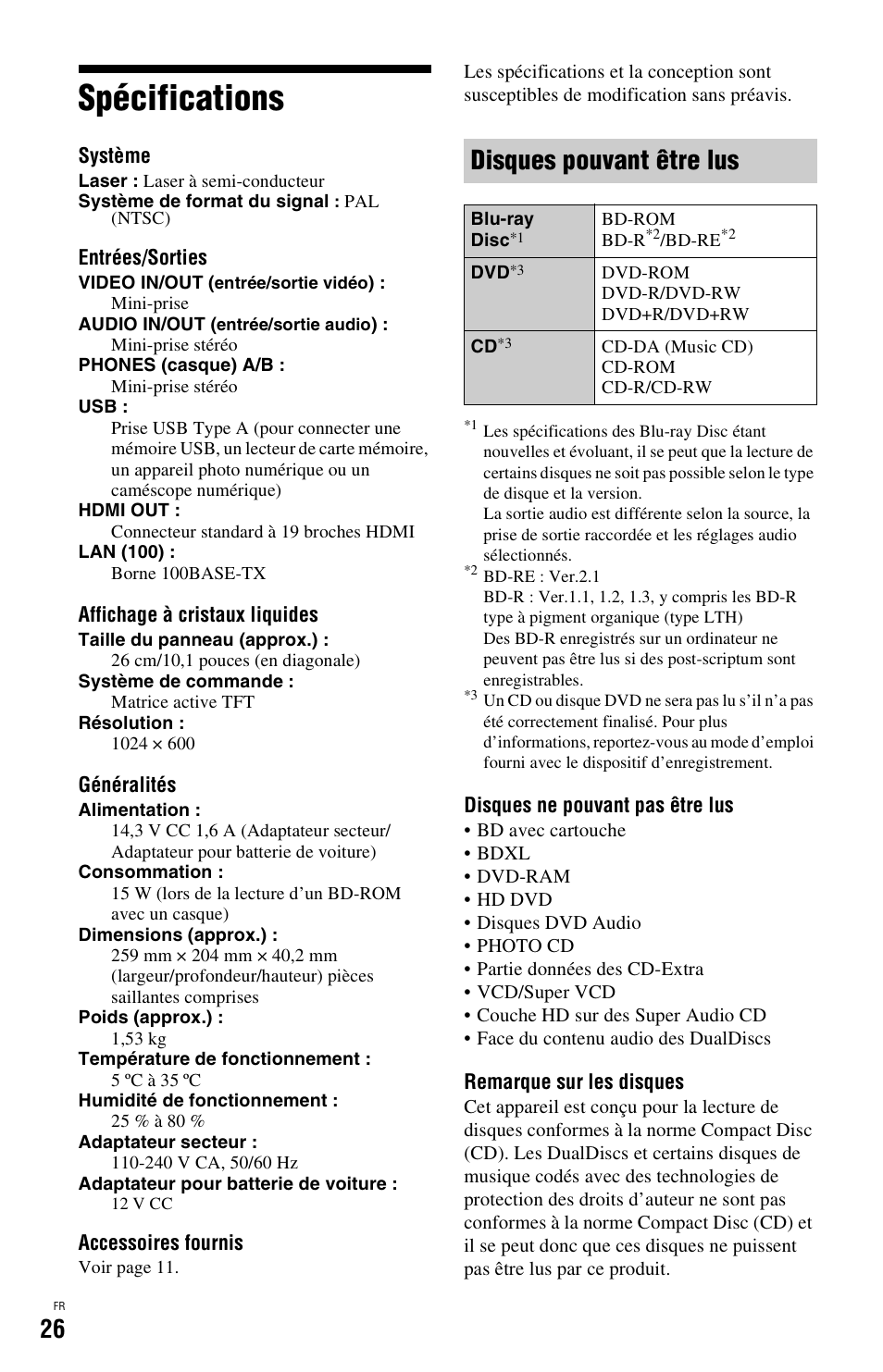 Spécifications, Disques pouvant être lus | Sony BDP-SX1 User Manual | Page 56 / 184
