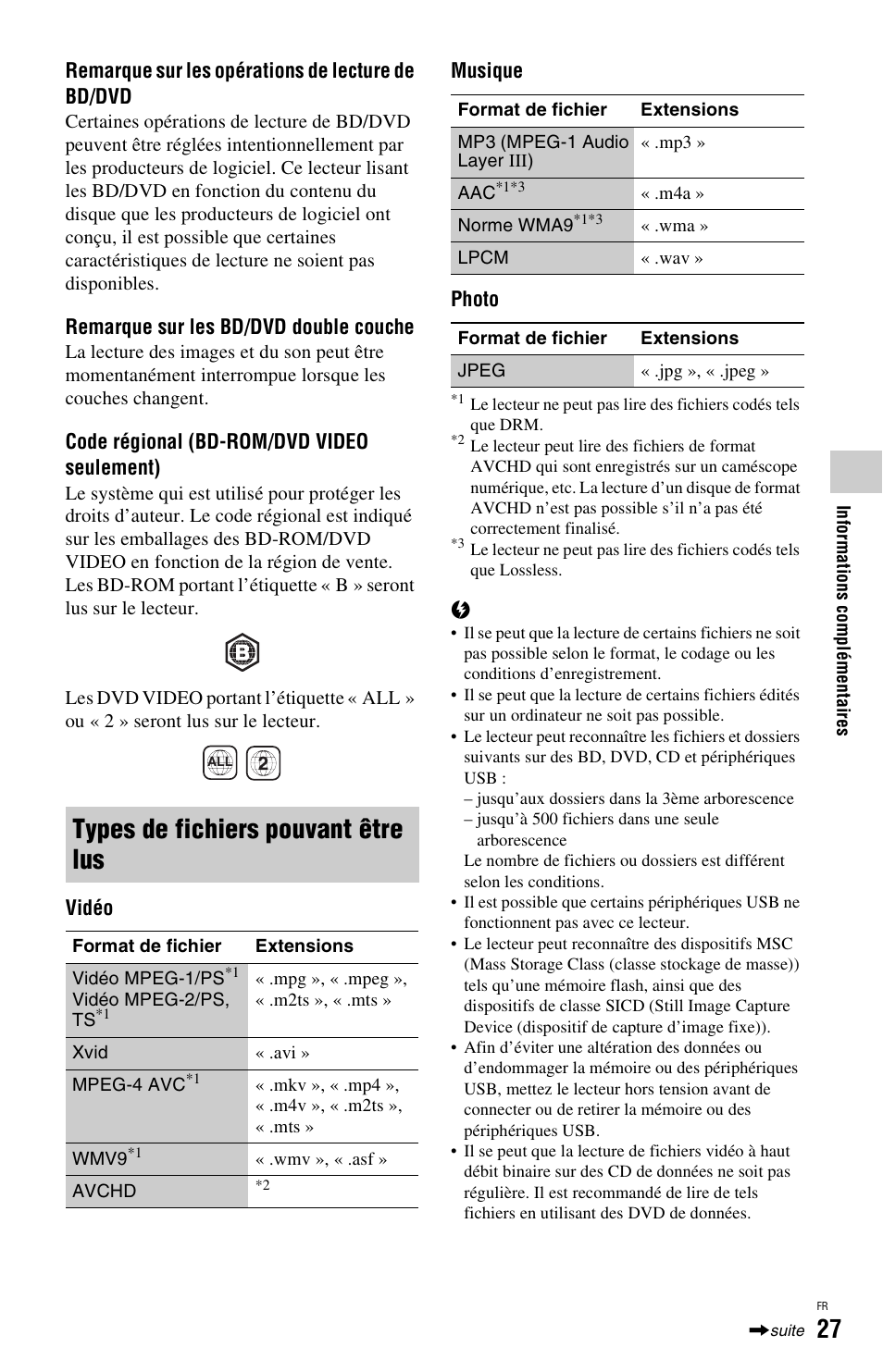 Types de fichiers pouvant être lus | Sony BDP-SX1 User Manual | Page 57 / 184