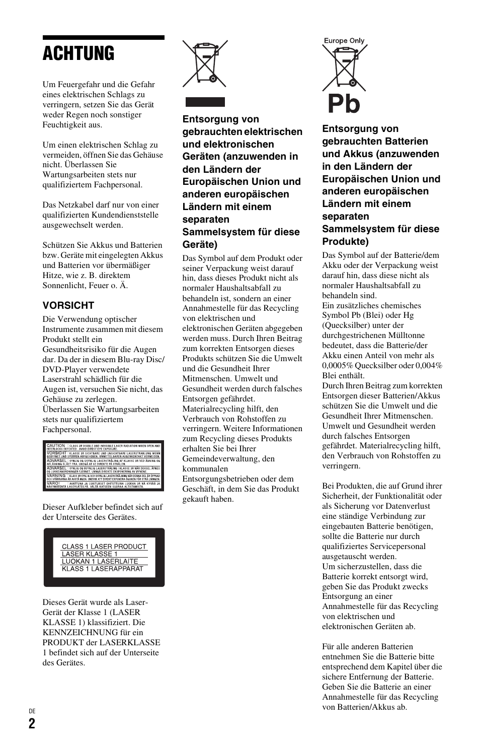 Achtung | Sony BDP-SX1 User Manual | Page 62 / 184