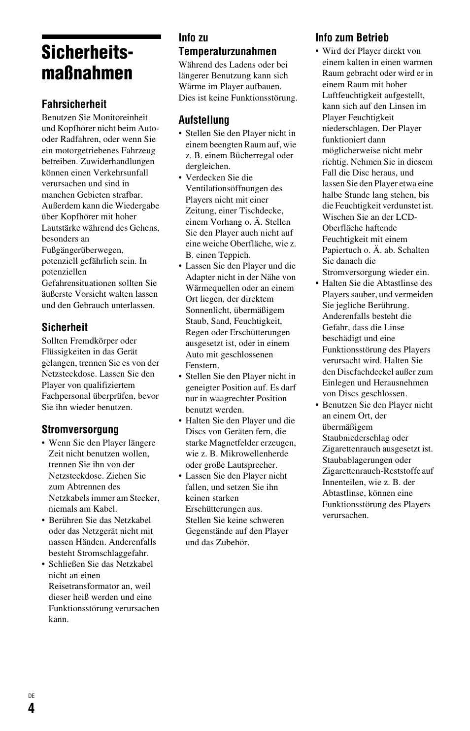 Sicherheitsmaßnahmen, Sicherheits- maßnahmen | Sony BDP-SX1 User Manual | Page 64 / 184