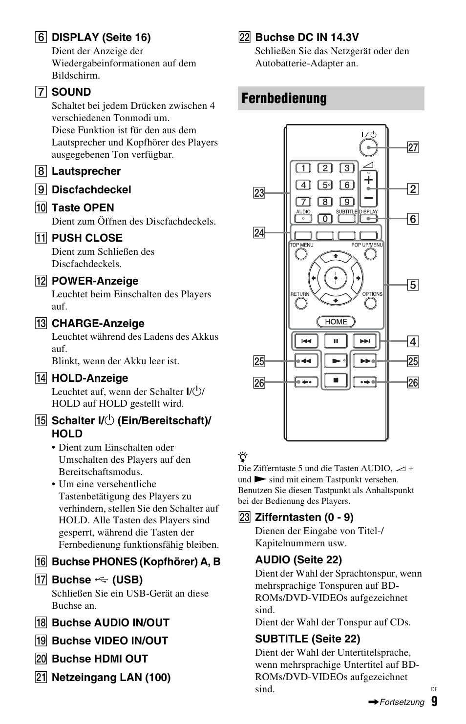 Fernbedienung | Sony BDP-SX1 User Manual | Page 69 / 184
