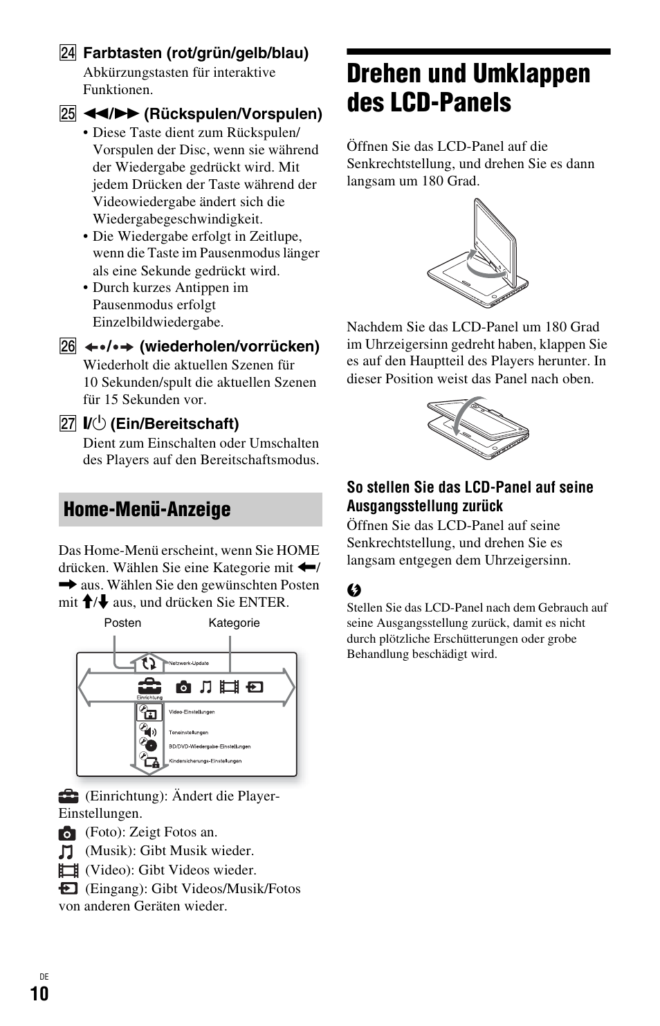 Drehen und umklappen des lcd-panels, Home-menü-anzeige | Sony BDP-SX1 User Manual | Page 70 / 184