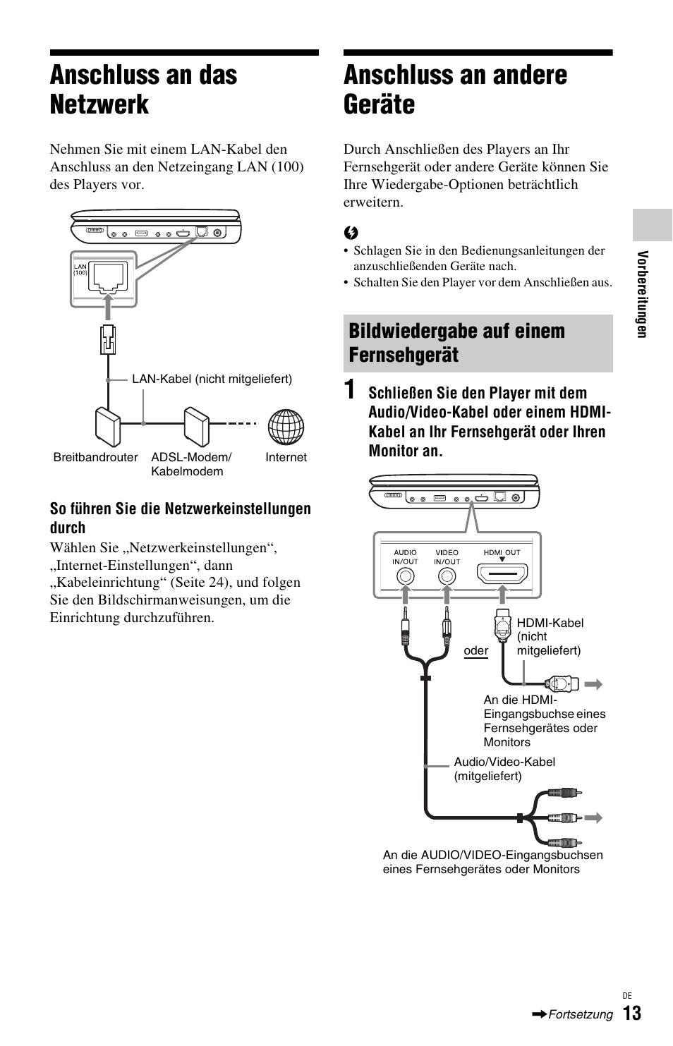 Anschluss an das netzwerk, Anschluss an andere geräte, Bildwiedergabe auf einem fernsehgerät | Sony BDP-SX1 User Manual | Page 73 / 184