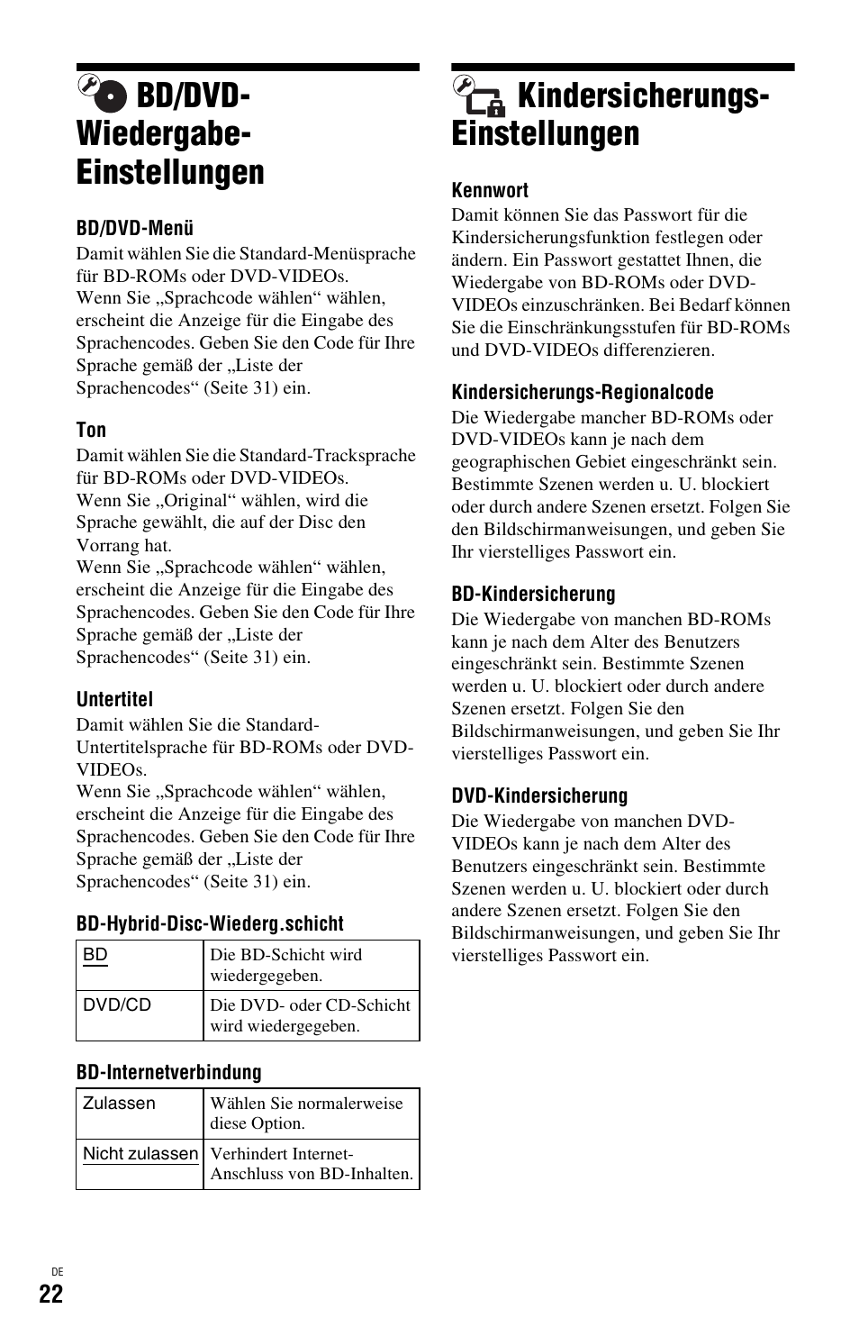 Bd/dvd-wiedergabe-einstellungen, Kindersicherungs-einstellungen, Seite 22) | N (seite 22), Bd/dvd- wiedergabe- einstellungen, Kindersicherungs- einstellungen | Sony BDP-SX1 User Manual | Page 82 / 184