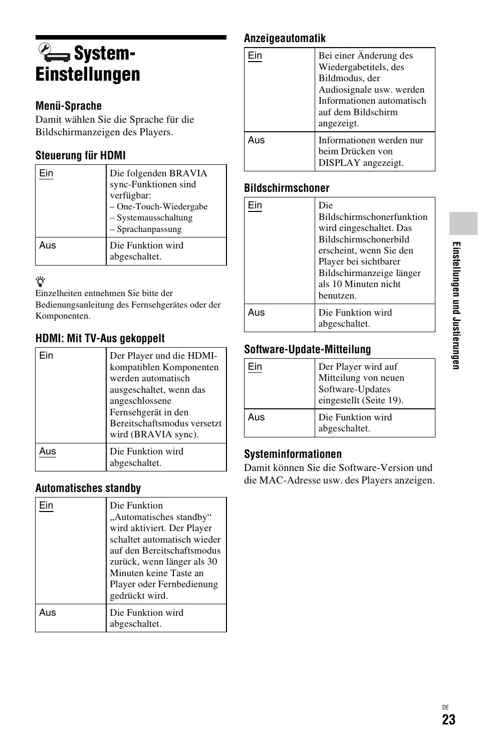 System-einstellungen, Seite 23), System- einstellungen | Sony BDP-SX1 User Manual | Page 83 / 184