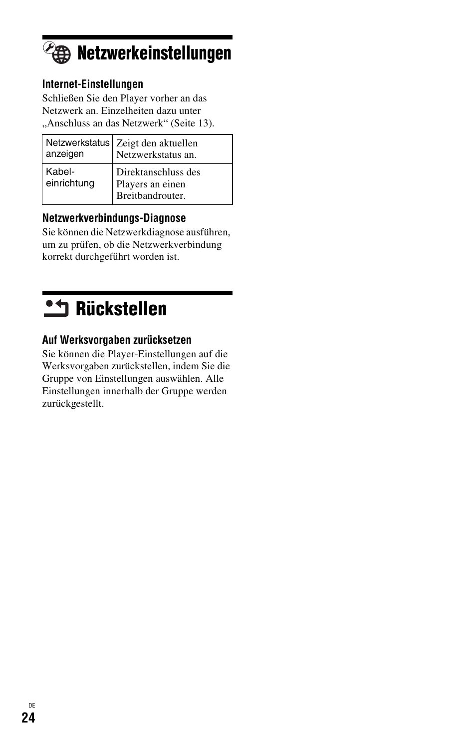 Netzwerkeinstellungen, Rückstellen, Netzwerkeinstellungen rückstellen | Seite 24) | Sony BDP-SX1 User Manual | Page 84 / 184