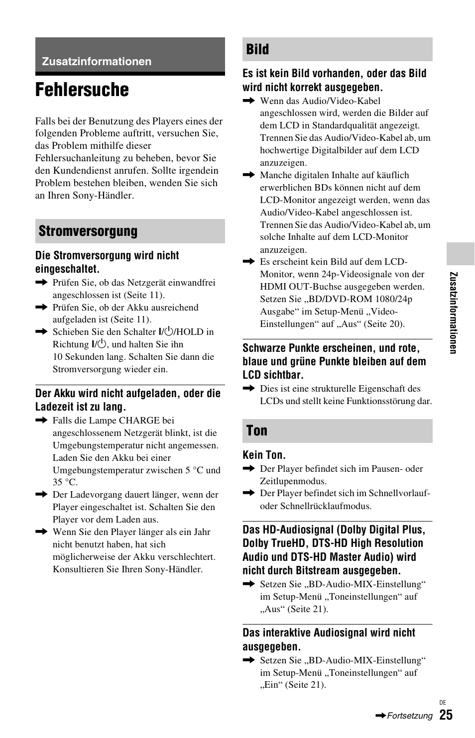 Zusatzinformationen, Fehlersuche, Stromversorgung bild ton | Sony BDP-SX1 User Manual | Page 85 / 184