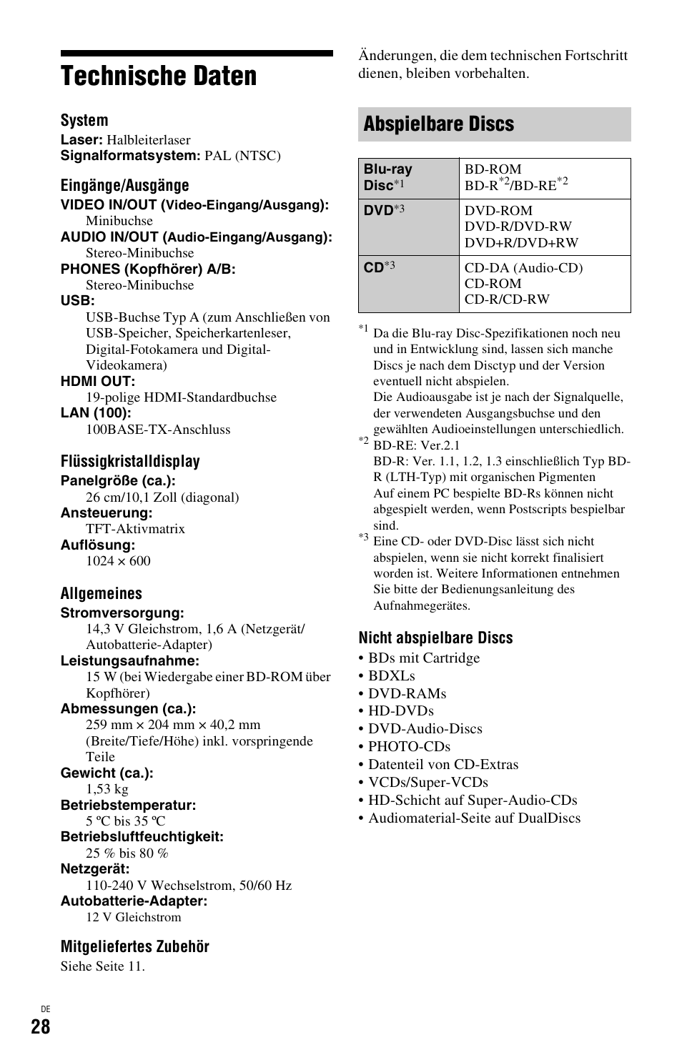 Technische daten, Abspielbare discs“ (seite 28), Seite 28) | Abspielbare discs | Sony BDP-SX1 User Manual | Page 88 / 184