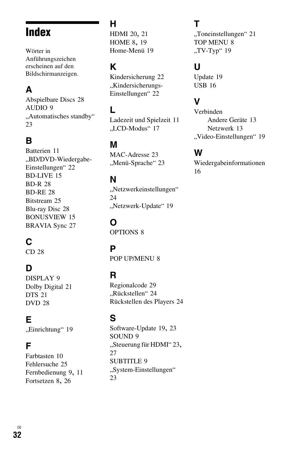 Index | Sony BDP-SX1 User Manual | Page 92 / 184