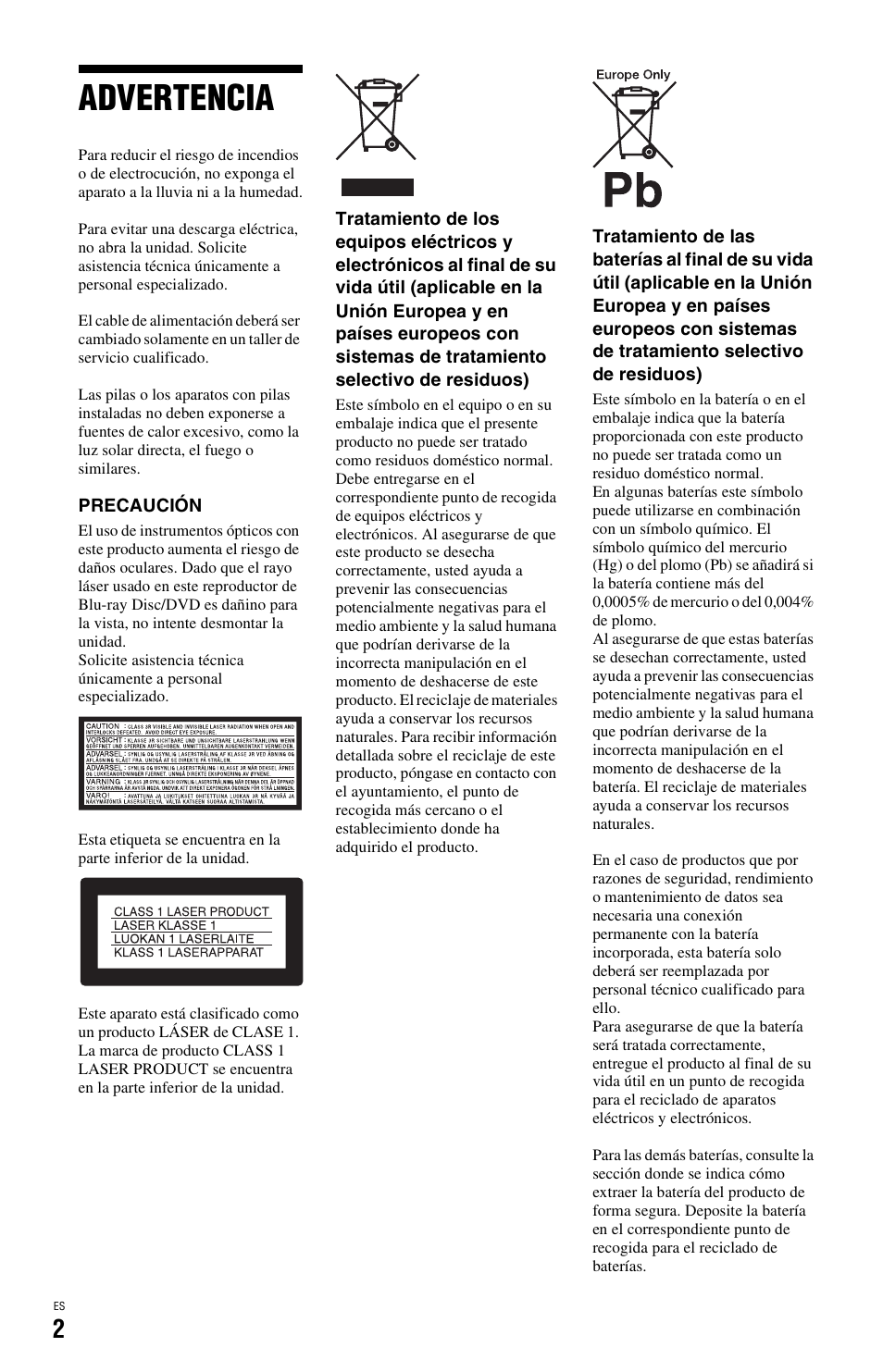 Advertencia | Sony BDP-SX1 User Manual | Page 94 / 184