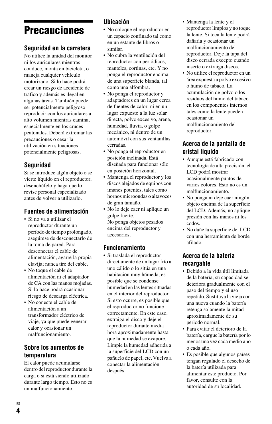 Precauciones | Sony BDP-SX1 User Manual | Page 96 / 184