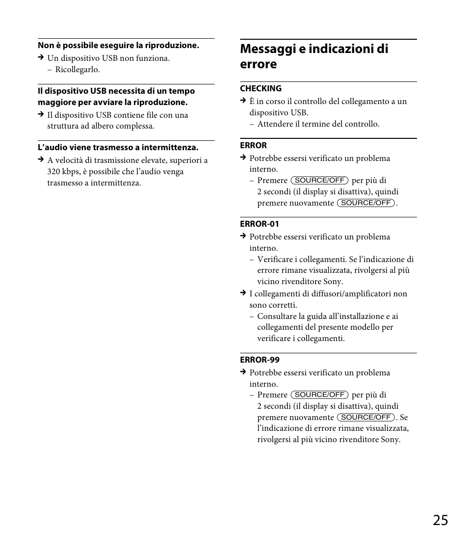 Messaggi e indicazioni di errore | Sony DSX-A30 User Manual | Page 101 / 132