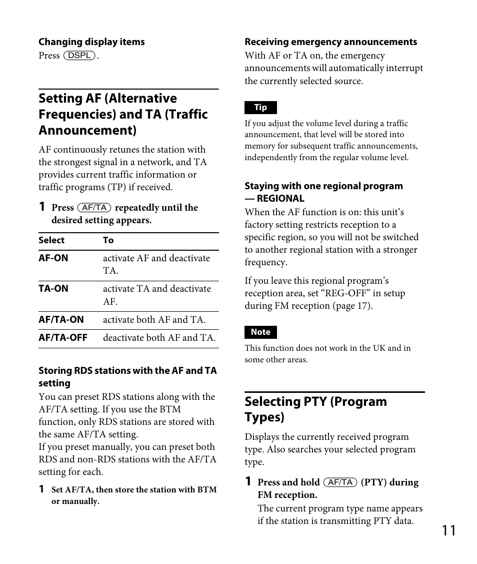 Selecting pty (program types) | Sony DSX-A30 User Manual | Page 11 / 132