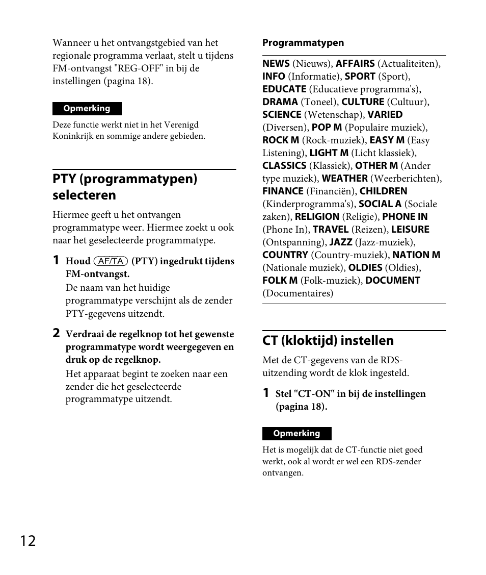 Pty (programmatypen) selecteren, Ct (kloktijd) instellen | Sony DSX-A30 User Manual | Page 114 / 132