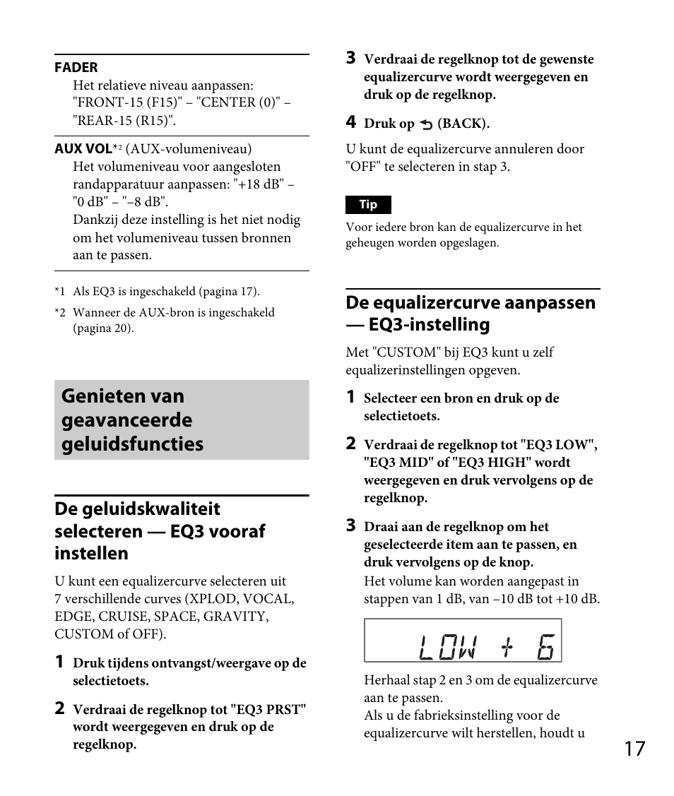 Genieten van geavanceerde geluidsfuncties, De equalizercurve aanpassen — eq3-instelling | Sony DSX-A30 User Manual | Page 119 / 132