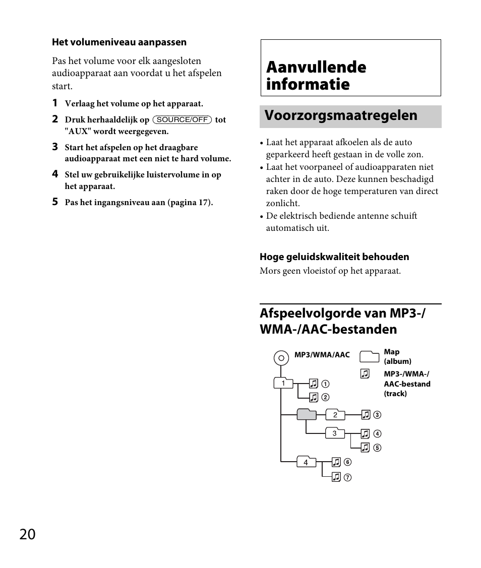 Aanvullende informatie, Voorzorgsmaatregelen, Afspeelvolgorde van mp3-/ wma-/aac-bestanden | Sony DSX-A30 User Manual | Page 122 / 132