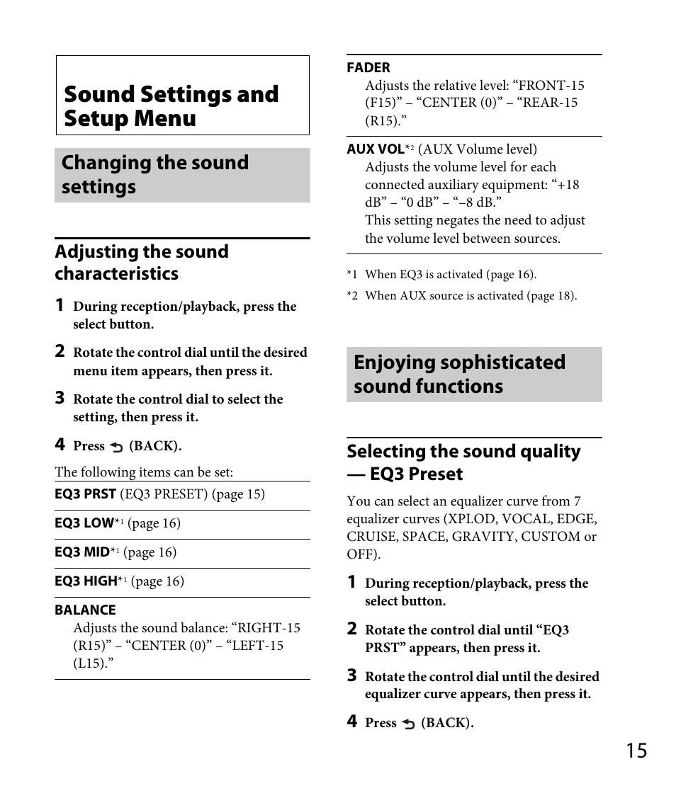 Sound settings and setup menu, Changing the sound settings, Enjoying sophisticated sound functions | Adjusting the sound characteristics 1, Selecting the sound quality — eq3 preset | Sony DSX-A30 User Manual | Page 15 / 132